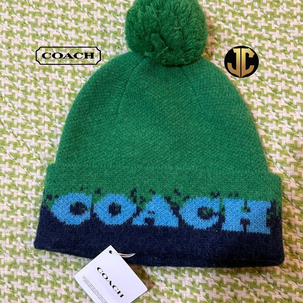 COACH Color Block Pom Beanie Women’s Blue Green Hat 38% Wool Varsity Color NWT